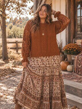 Rust Crochet Lace Boho Knit Sweater